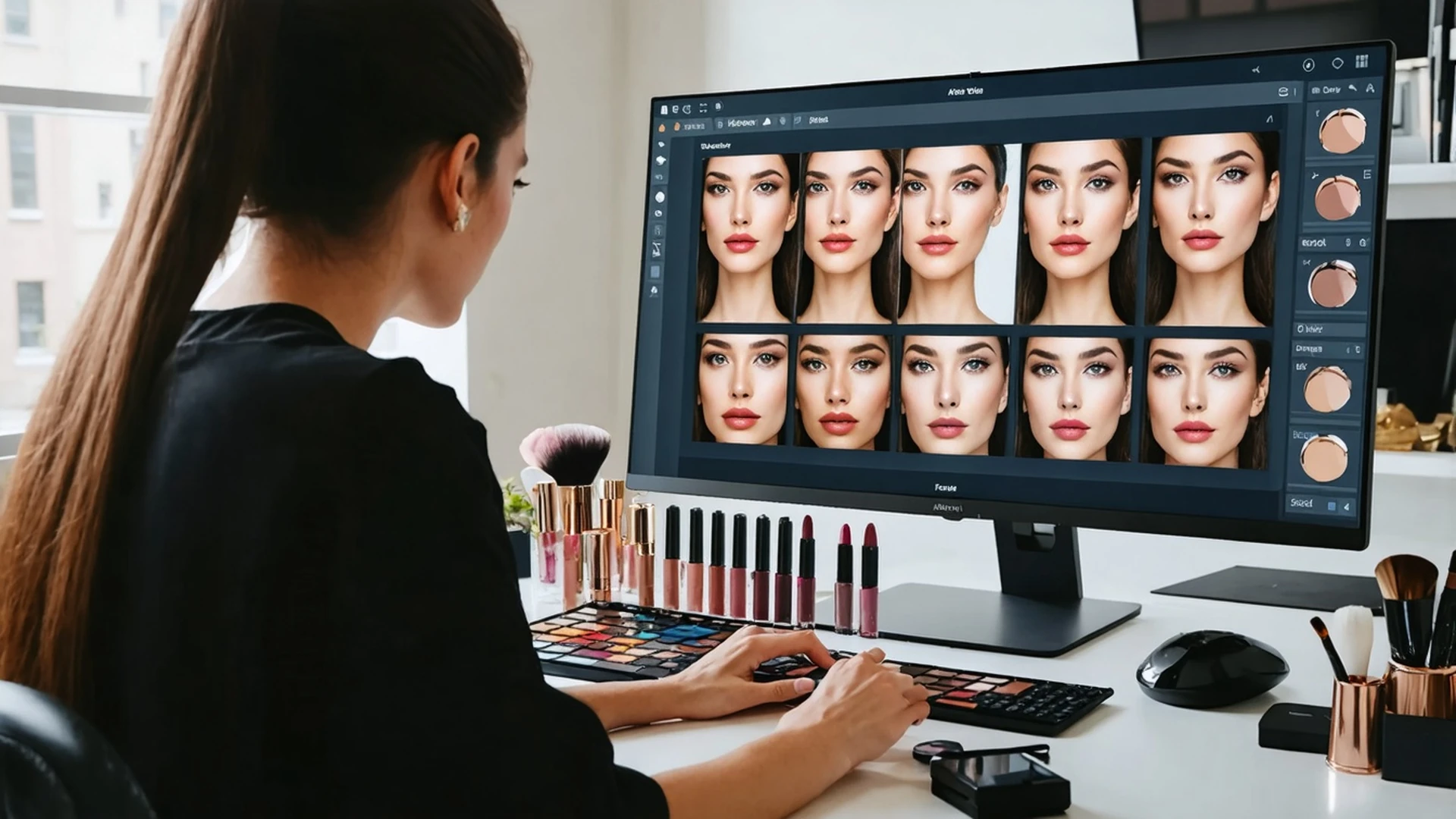 Beauty brand team reviewing AR try-on results on a monitor showing real-time shade rendering