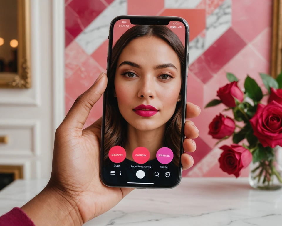 Smartphone screen showing Lumeglint AR beauty try-on interface with real-time shade rendering and shade swatches along the bottom